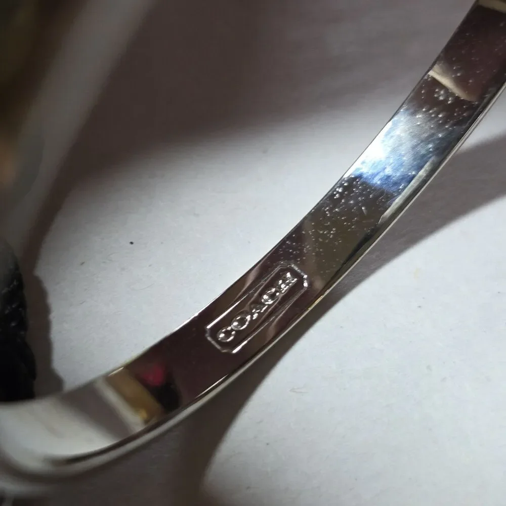 Coach Signature Logo Black Silver Rhinestone Bangle Bracelet Signed